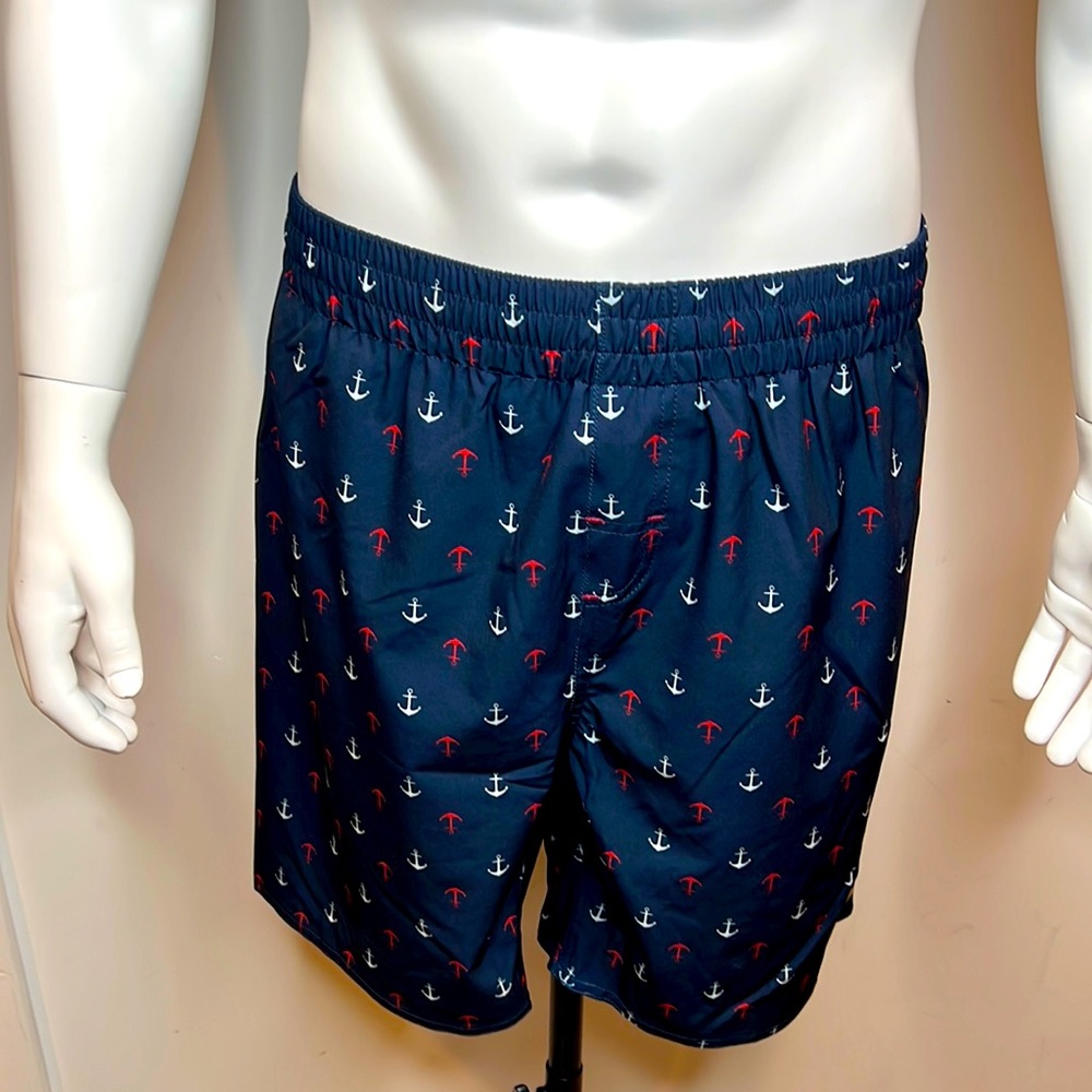 LAGUNA COASTAL FIT ABOVE THE KNEE BATHING SUIT, NAVY WITH RED & WHITE ANCHORS, L